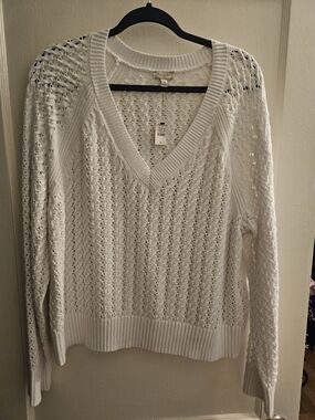 Talbots White Open-Knit V-Neck Sweater SIZE XL
